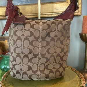 Coach Signature Bleecker Bucket Convertible strap bag.  Brown/Tan & Leather